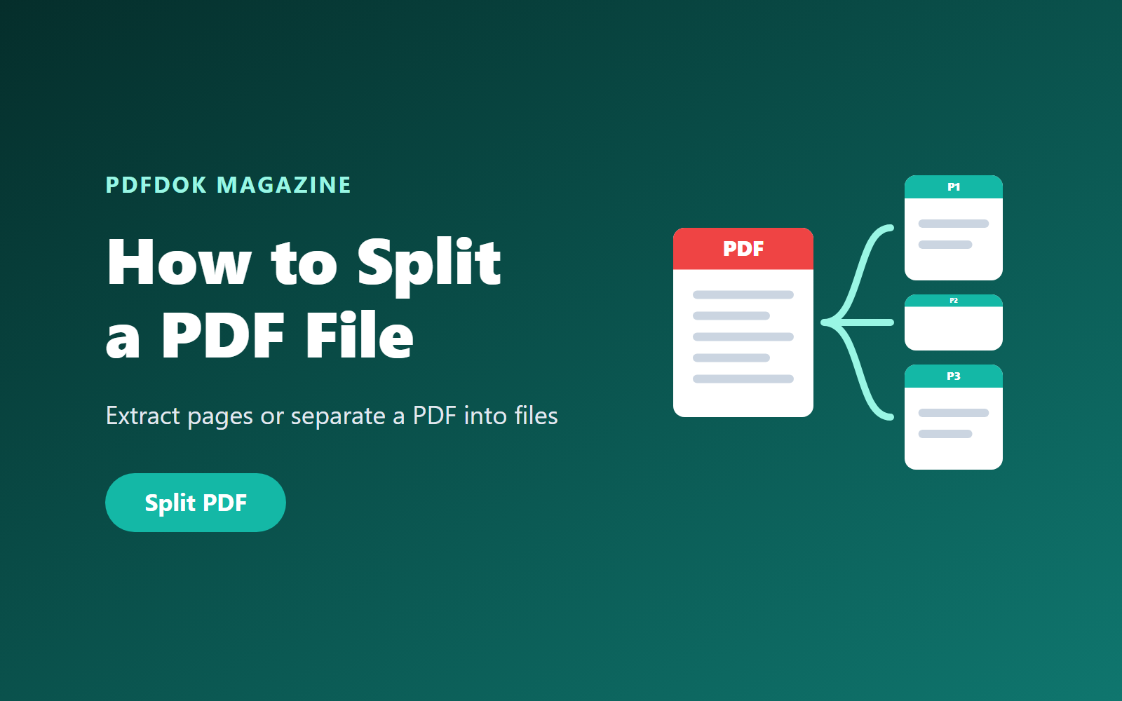 Illustration of one PDF document being split into three separate PDF pages with PDFDOK