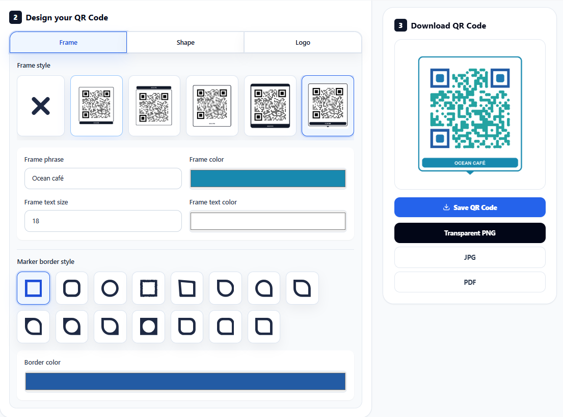 QR code style editor with custom frame and colors
